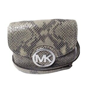 Michael Kors Fulton Crossbody Purse Suede Python Embossed Taupe & Black